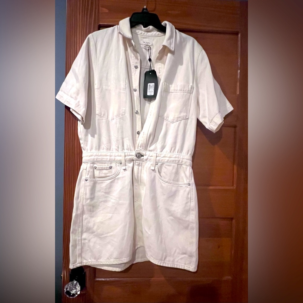 Rag & Bone Luxe White Denim Utility Romper – Size L – NWT